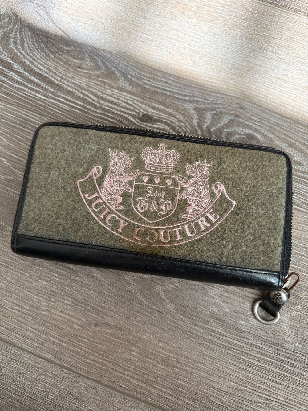 Juicy Couture Olive & Black Zip Wallet with Pink Crest Embroidery